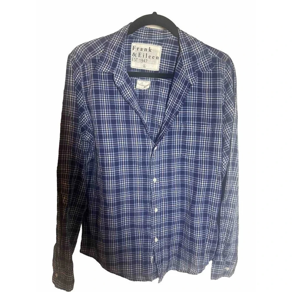 Frank & Eileen Women’s Blue Plaid Button Up Shirt Size L, Woven In Italy.